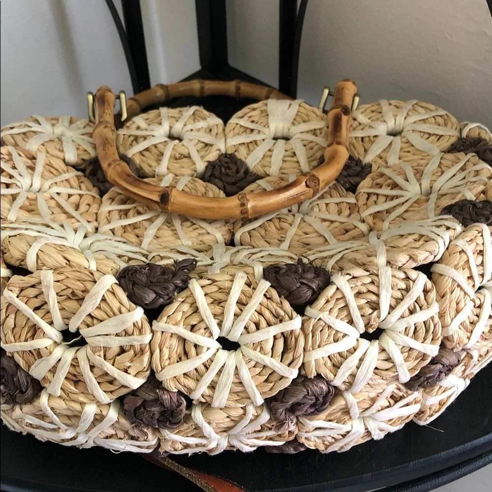 Patricia Nash rare Y2k palmarola satchel Woven Straw bamboo  - Cream & Brown